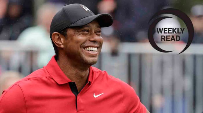 Tiger Woods is pictured at the 2023 PNC Championship along with the SI Golf Weekly Read logo.